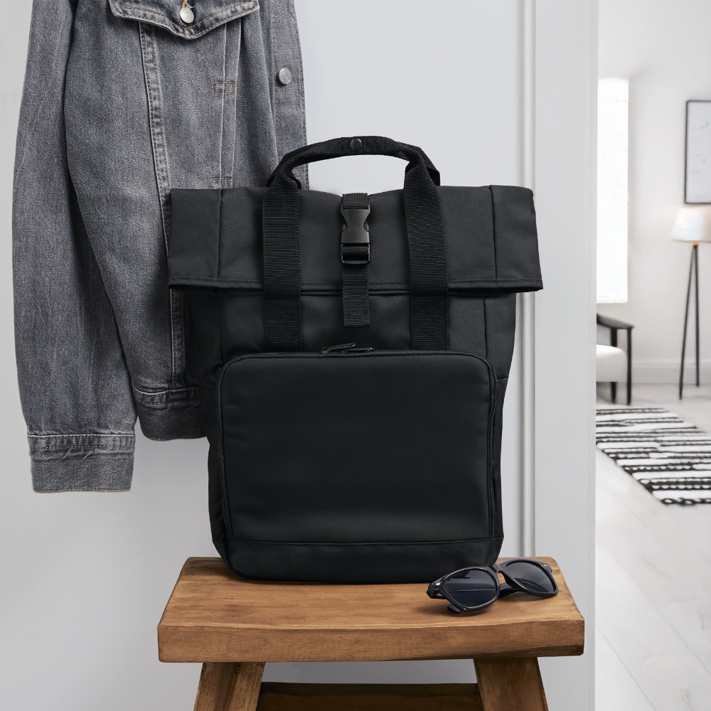 Rolltop Rucksack mit zwei Griffen - personalisierbar - Schwarz