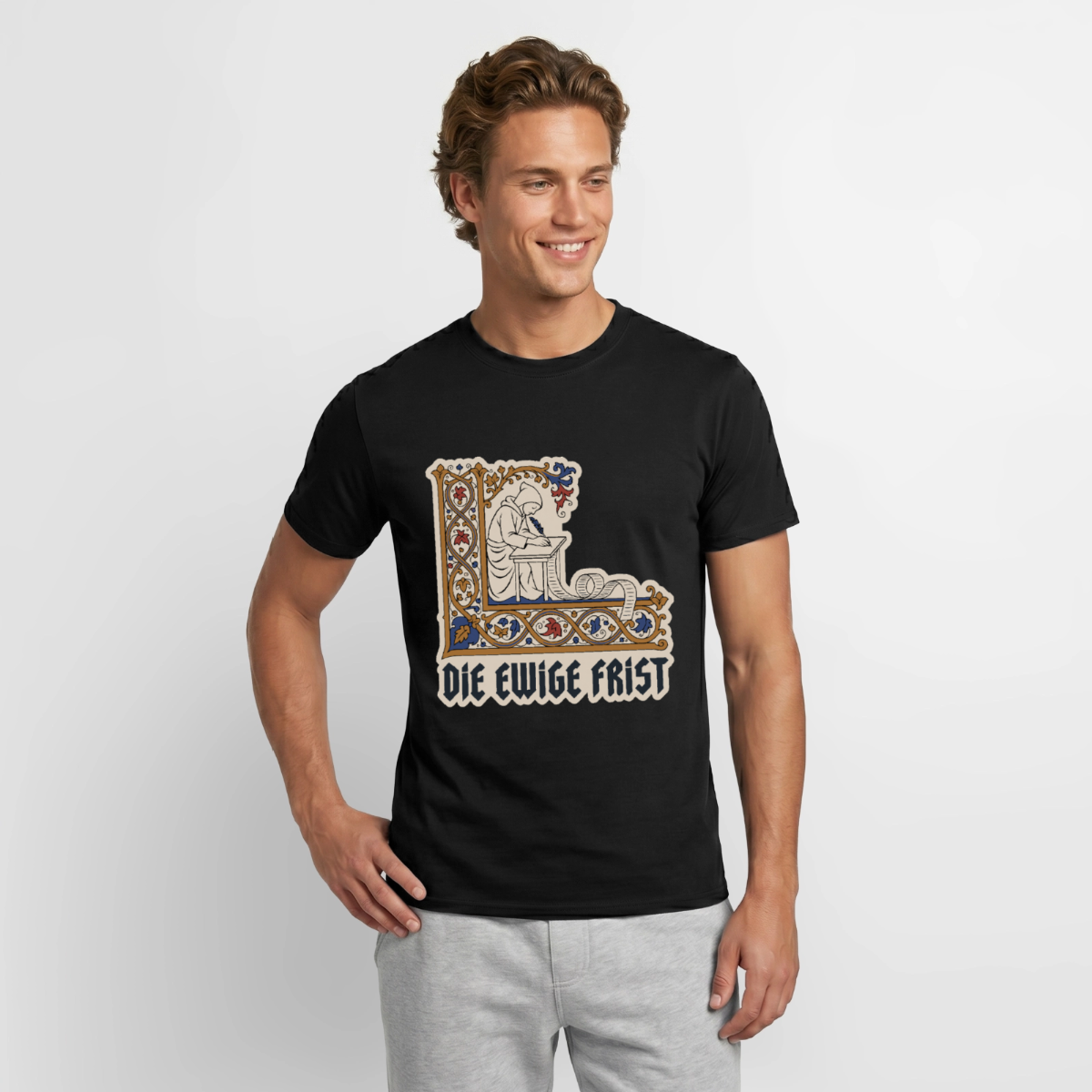 "Die ewige Frist. Buchmalerei-Motiv" Motiv-T-Shirt für Männer, Farbe Schwarz