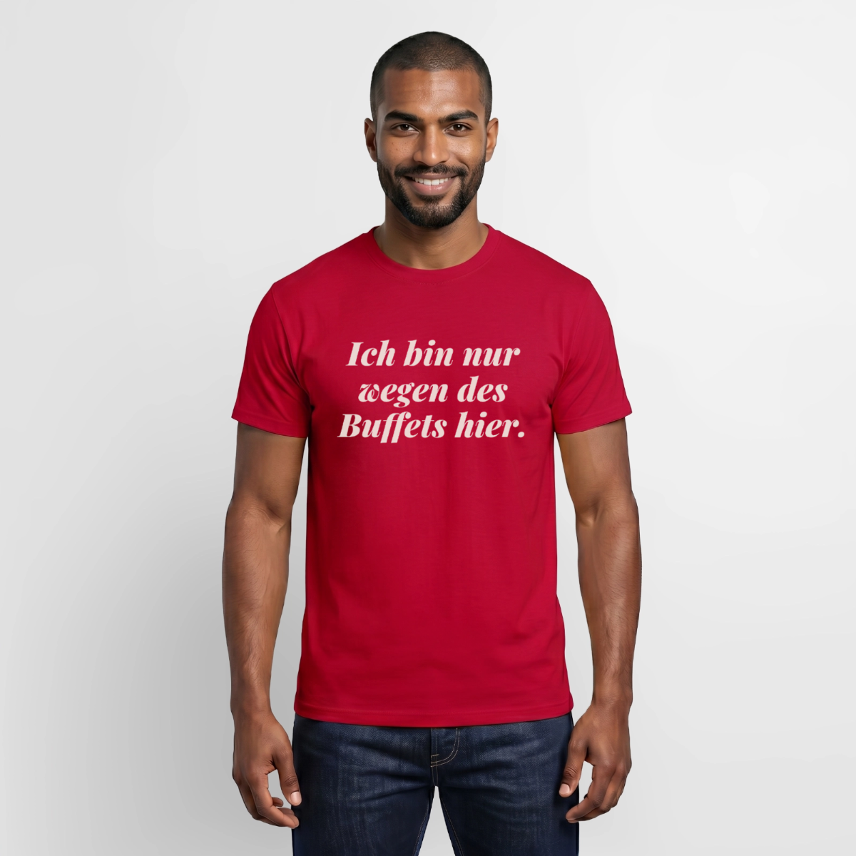 "Ich bin nur wegen des Buffets hier." Motiv-T-Shirt für Männer, Farbe Rot