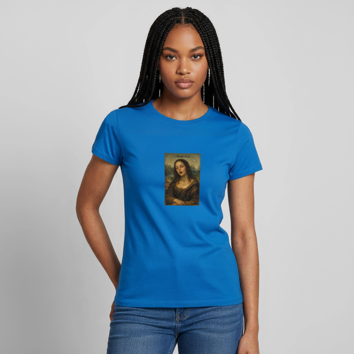 Moan Lisa Motiv-T-Shirt für Frauen, Farbe Royalblau, Model