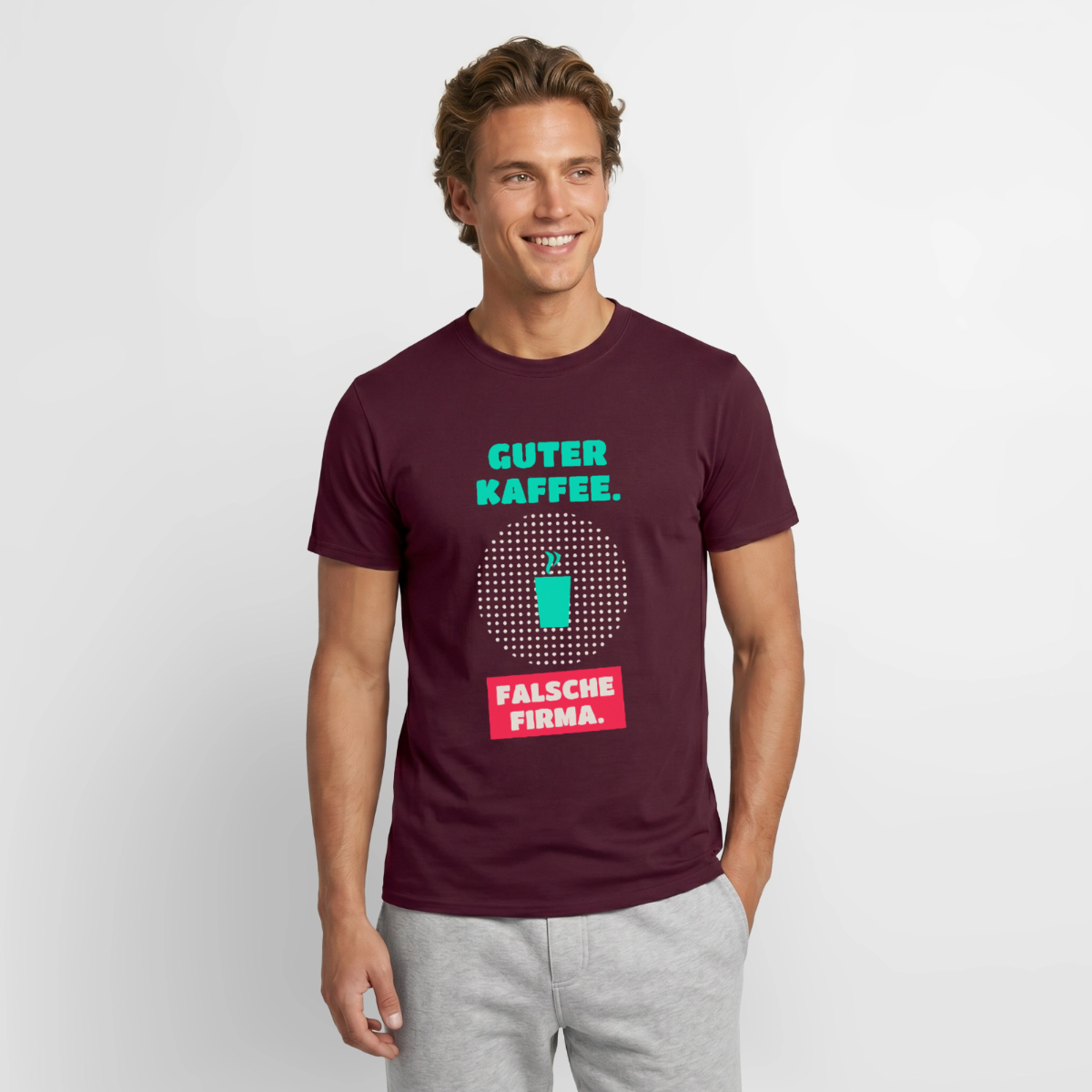 "Guter Kaffee. Falsche Firma." Motiv-T-Shirt für Männer, Farbe Ziegelrot
