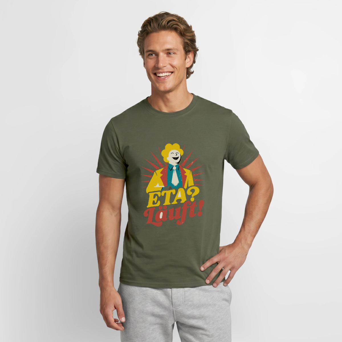 "ETA? Läuft! Midcentury-Motiv" Motiv-T-Shirt für Männer, Farbe Militärgrün