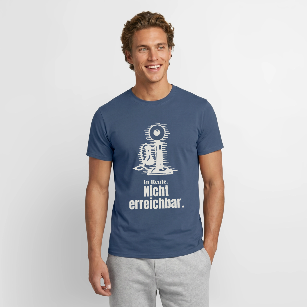 "In Rente. Nicht erreichbar. Strichzeichnung" Motiv-T-Shirt für Männer, Farbe Dunkles Denimblau