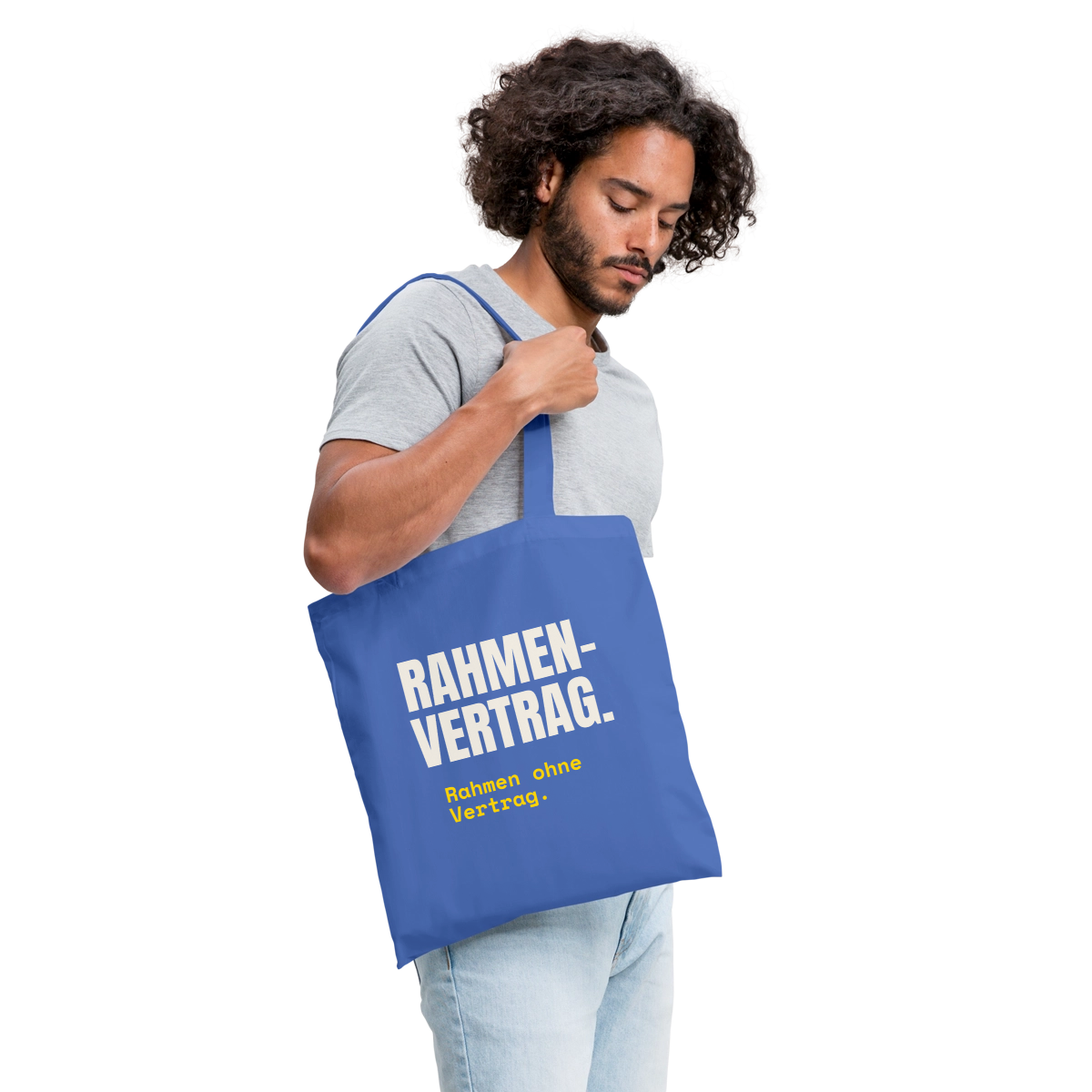 "Rahmenvertrag. Rahmen ohne Vertrag." Stoffbeutel, Farbe Hellblau