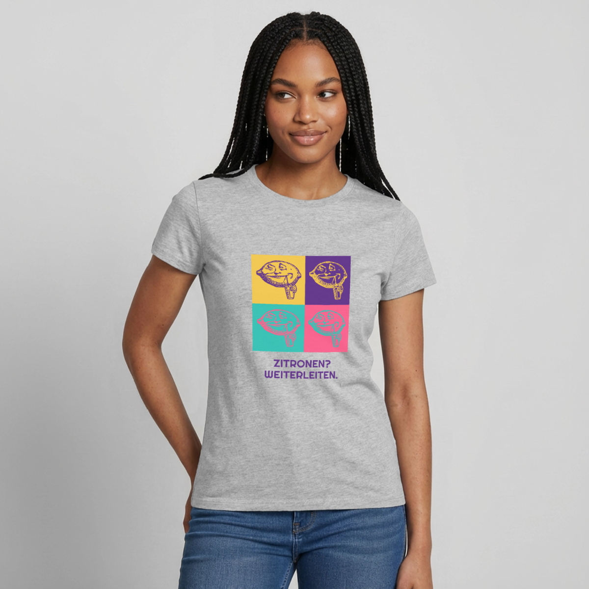 Zitronen? Weiterleiten. Pop-Art-Motiv Motiv-T-Shirt für Frauen, Farbe Grau meliert, Model