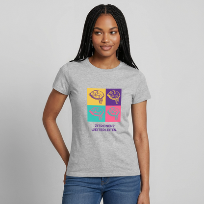 Zitronen? Weiterleiten. Pop-Art-Motiv Motiv-T-Shirt für Frauen, Farbe Grau meliert, Model