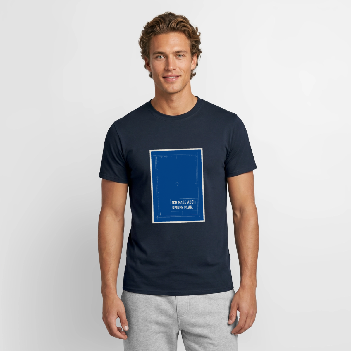 Ich habe auch keinen Plan. Motiv-T-Shirt für Männer, Farbe Navy, Model