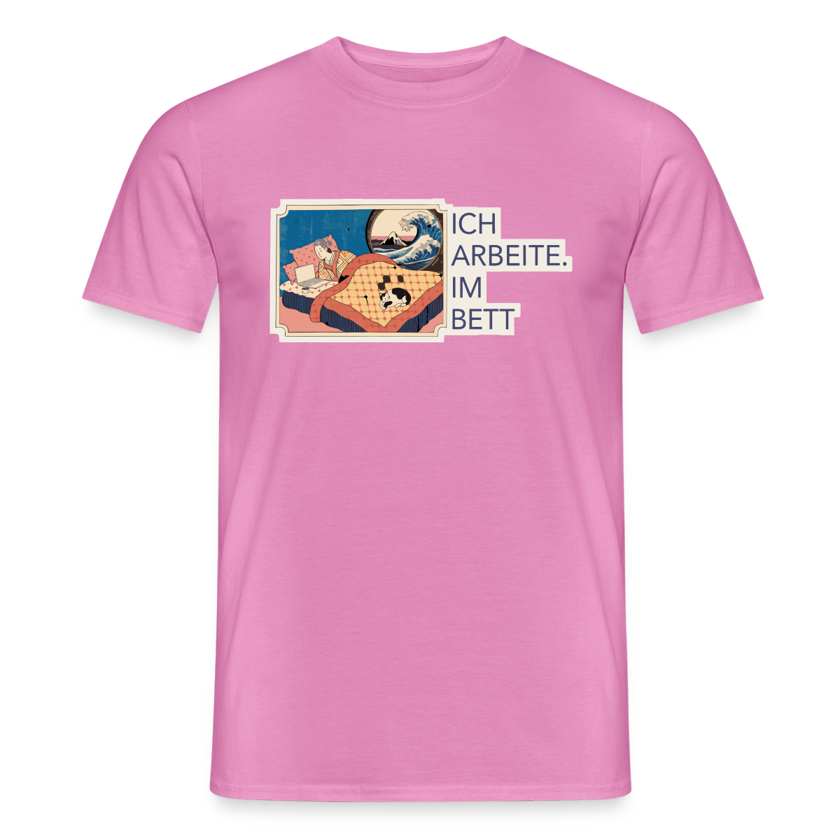 Ich arbeite. Im Bett. Motiv-T-Shirt für Männer, Farbe Pink