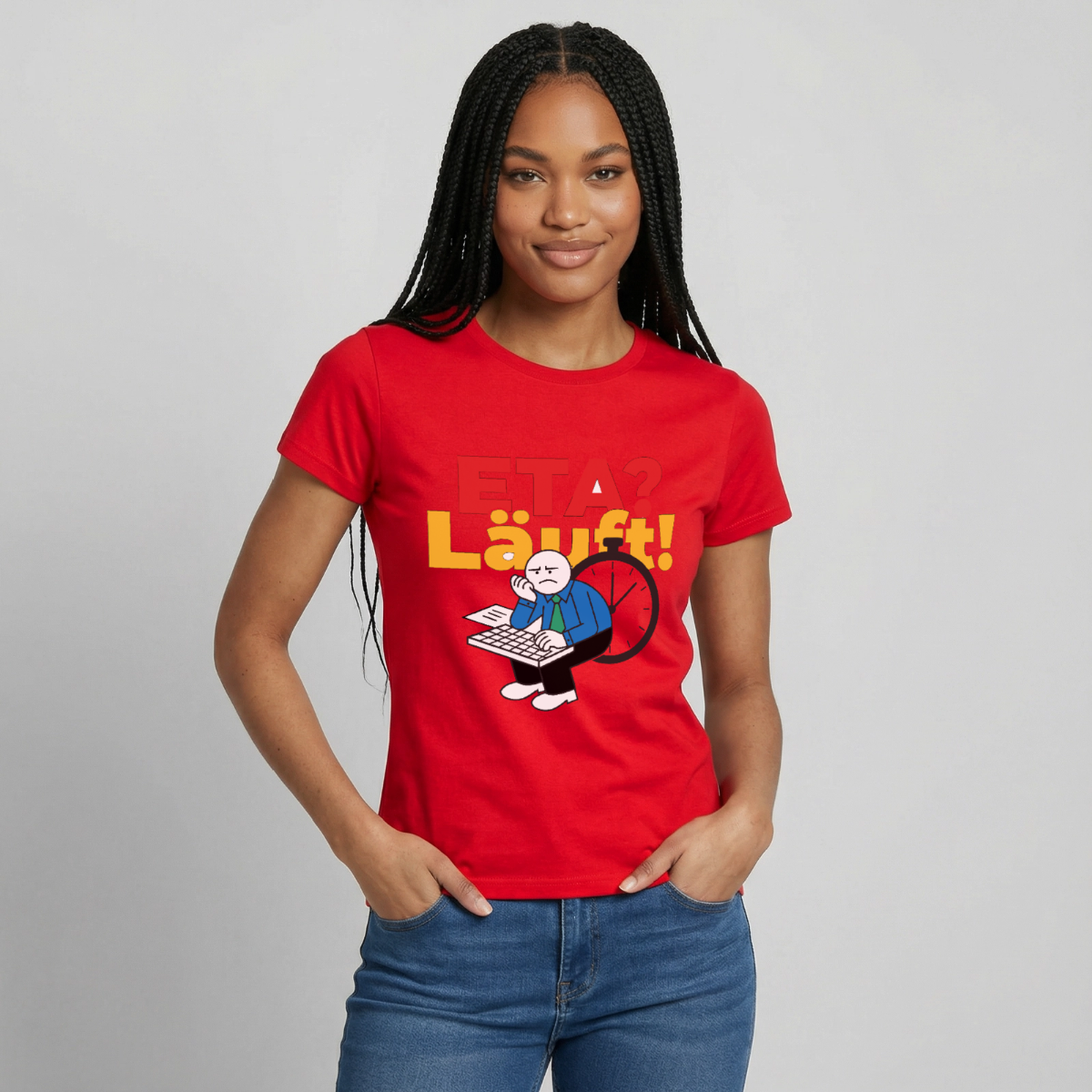 "ETA? Läuft! Strichfiguren-Motiv" Motiv-T-Shirt für Frauen, Farbe Rot