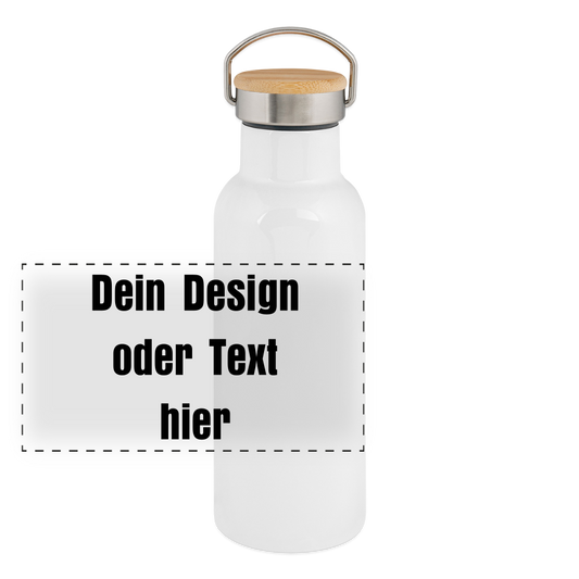 Thermosflasche mit Bambusdeckel - personalisierbar - Weiß