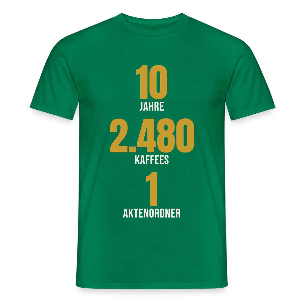 "10 Jahre, 2.480 Kaffees, 1 Aktenordner" Motiv-T-Shirt für Männer, Farbe Kelly Green