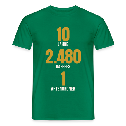 "10 Jahre, 2.480 Kaffees, 1 Aktenordner" Motiv-T-Shirt für Männer, Farbe Kelly Green
