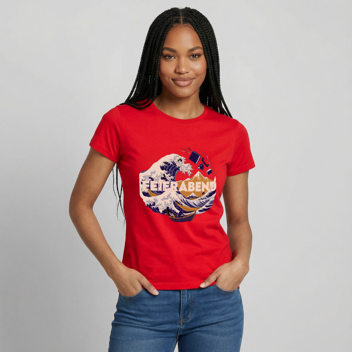 "Feierabend. Ukiyo-e-Motiv" Motiv-T-Shirt für Frauen, Farbe Rot