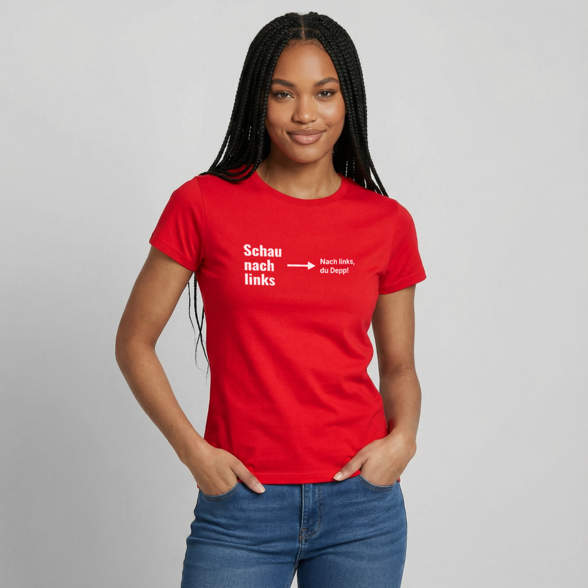 Schau nach links. Typo-Motiv Motiv-T-Shirt für Frauen, Farbe Rot, Model