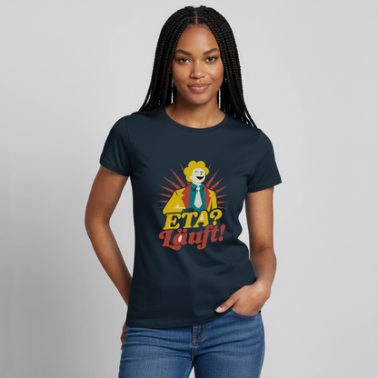 "ETA? Läuft! Midcentury-Motiv" Motiv-T-Shirt für Frauen, Farbe Navy
