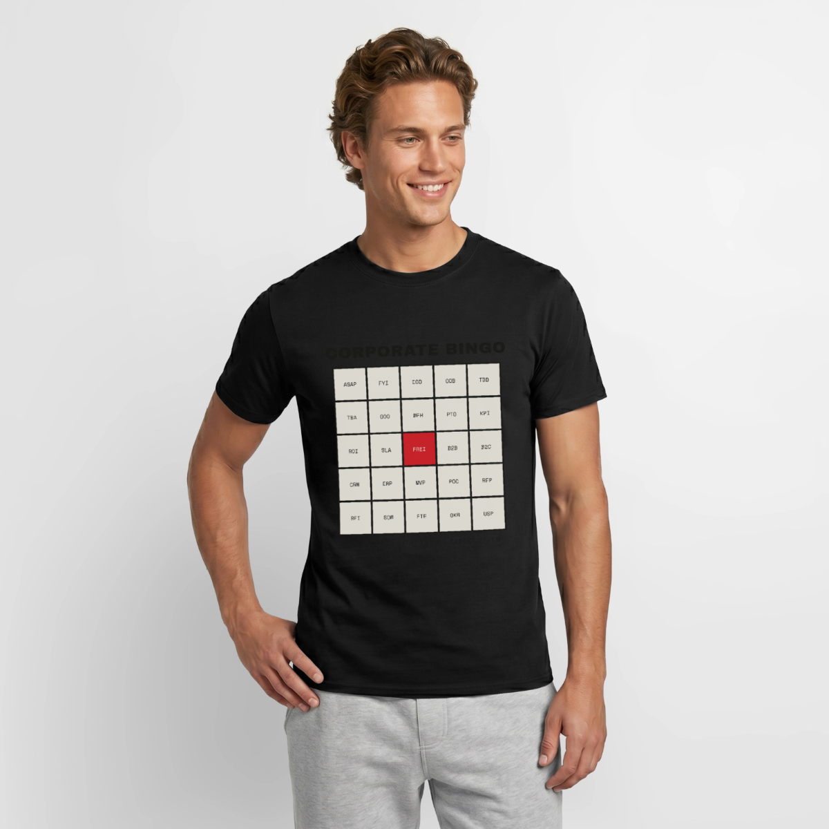 Corporate Bingo. Fünf in einer Reihe. Motiv-T-Shirt für Männer, Farbe Schwarz, Model