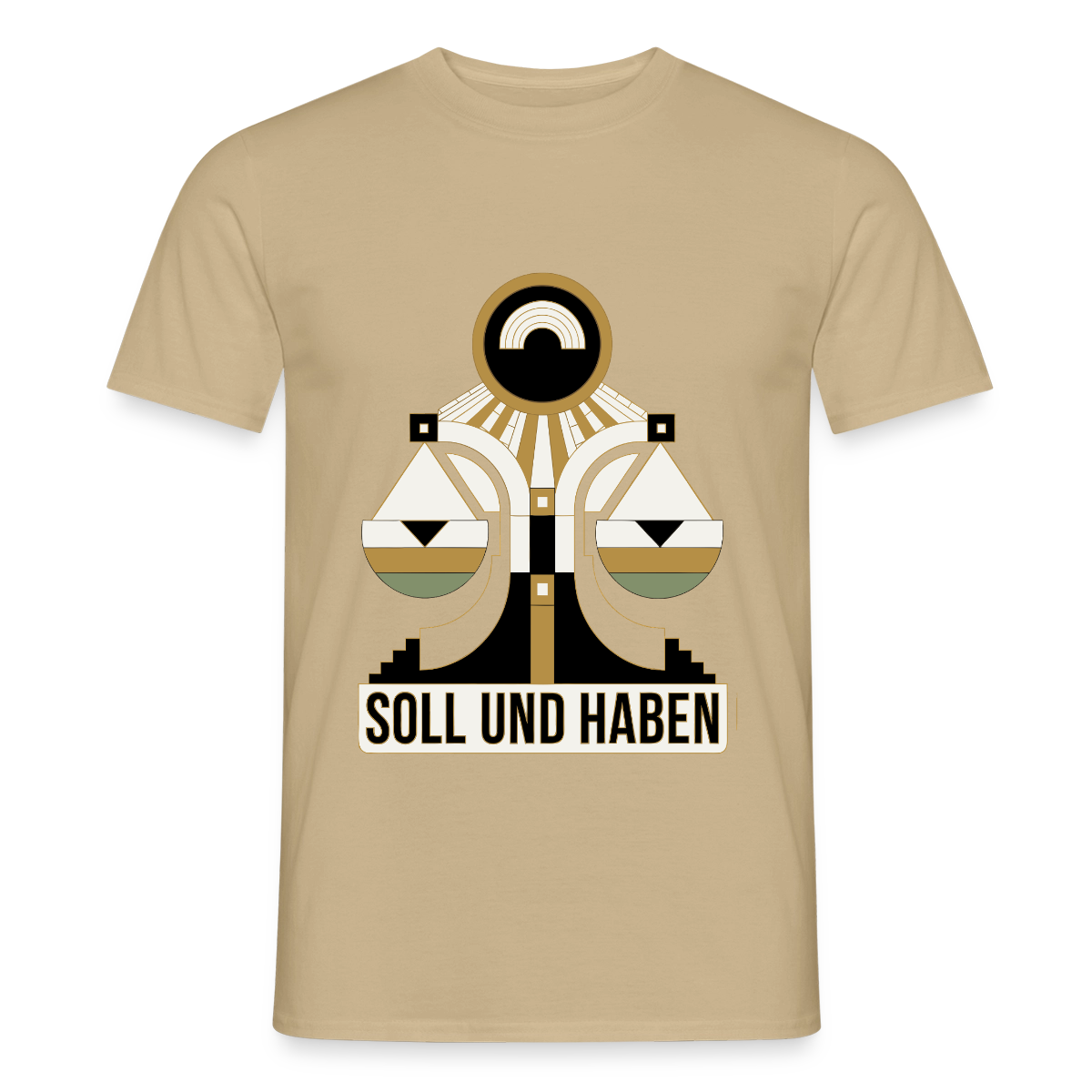 "Soll und Haben. Art-déco-Motiv" Motiv-T-Shirt für Männer, Farbe Sandbeige