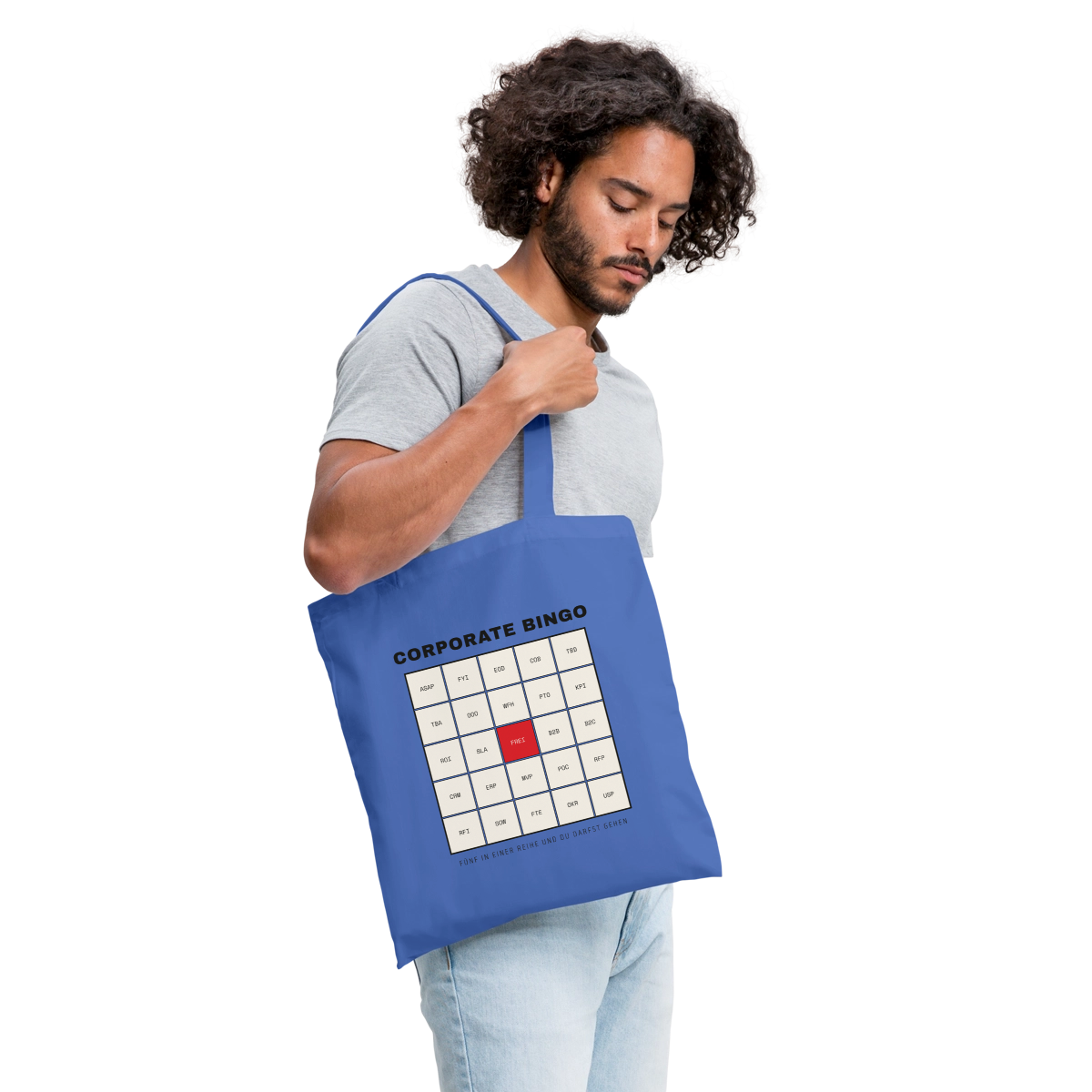Corporate Bingo. Fünf in einer Reihe. Stoffbeutel, Farbe Hellblau, Model