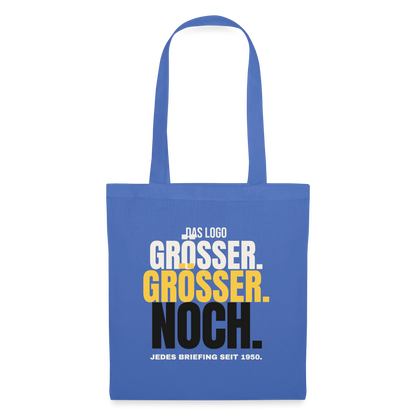 Das Logo größer. Größer. Noch. Jedes Briefing seit 1950. Stoffbeutel, Farbe Hellblau