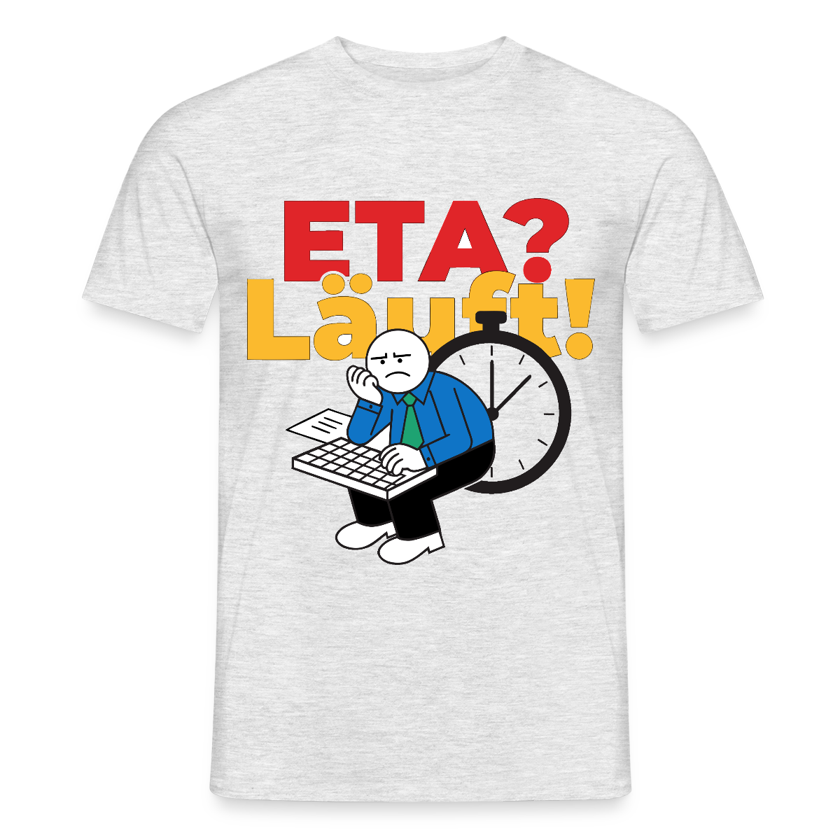 "ETA? Läuft! Strichfiguren-Motiv" Motiv-T-Shirt für Männer, Farbe Grau meliert