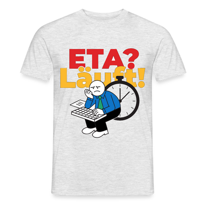 "ETA? Läuft! Strichfiguren-Motiv" Motiv-T-Shirt für Männer, Farbe Grau meliert