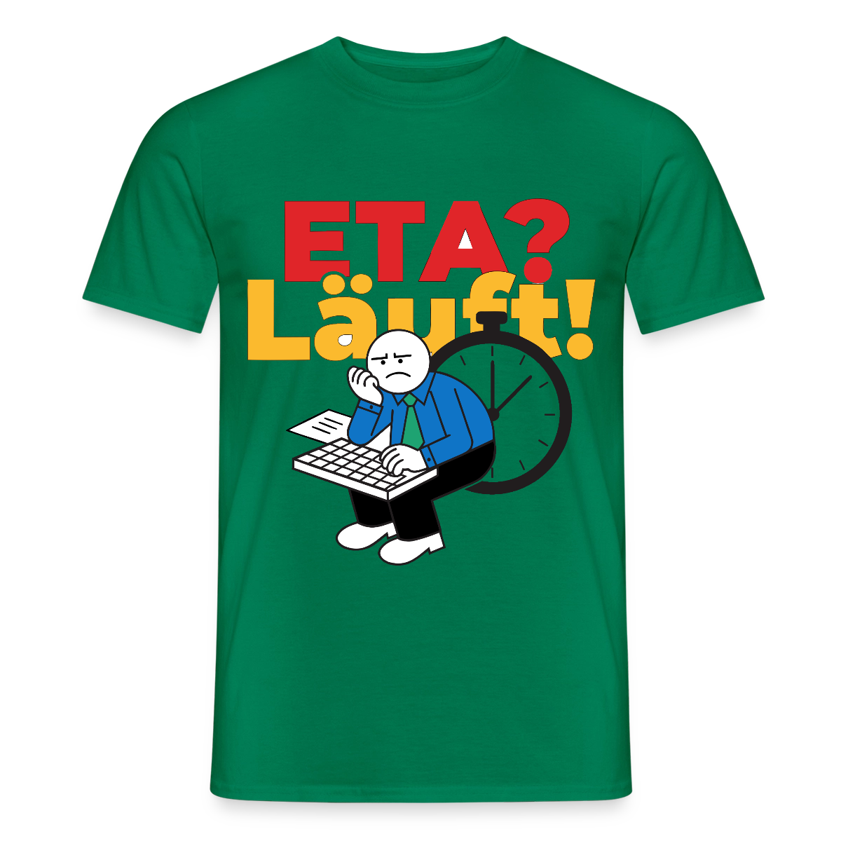 "ETA? Läuft! Strichfiguren-Motiv" Motiv-T-Shirt für Männer, Farbe Kelly Green