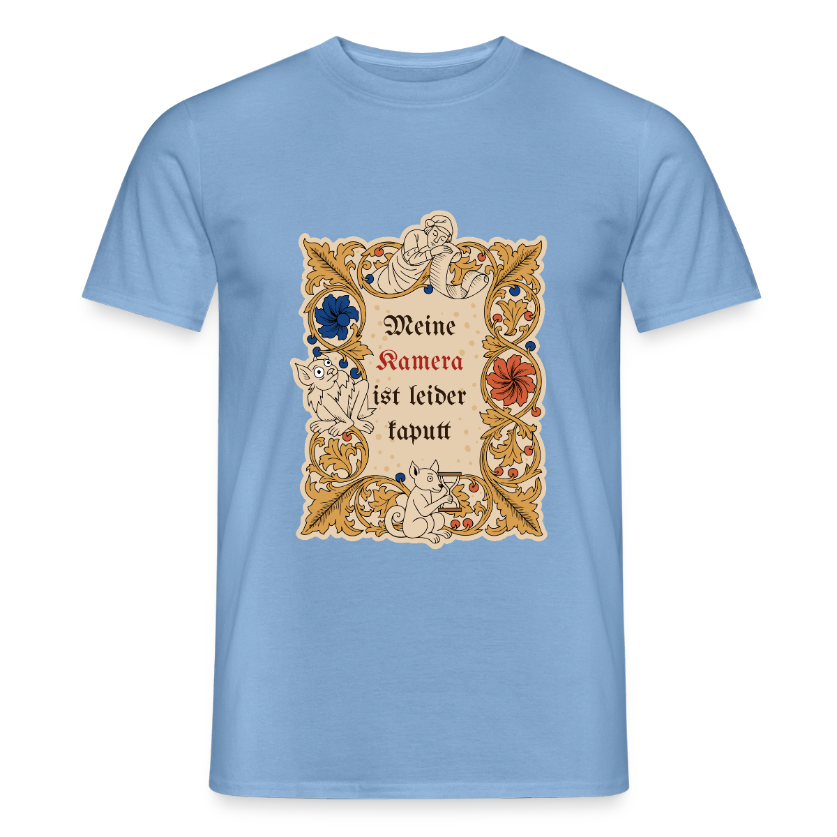 "Meine Kamera ist leider kaputt. Buchmalerei-Motiv" Motiv-T-Shirt für Männer, Farbe Carolina Blue