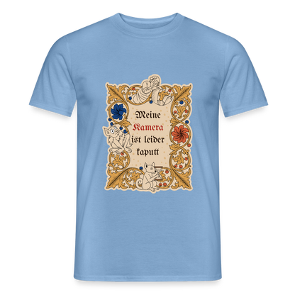 "Meine Kamera ist leider kaputt. Buchmalerei-Motiv" Motiv-T-Shirt für Männer, Farbe Carolina Blue