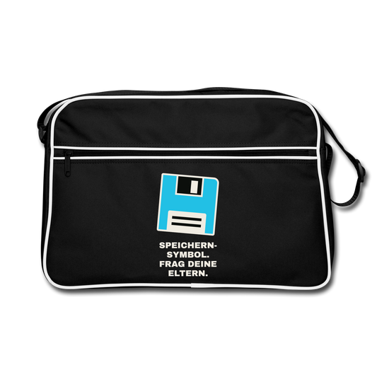"Speichern-Symbol. Frag deine Eltern." Motiv-Retro-Tasche, Farbe Schwarz/Weiß
