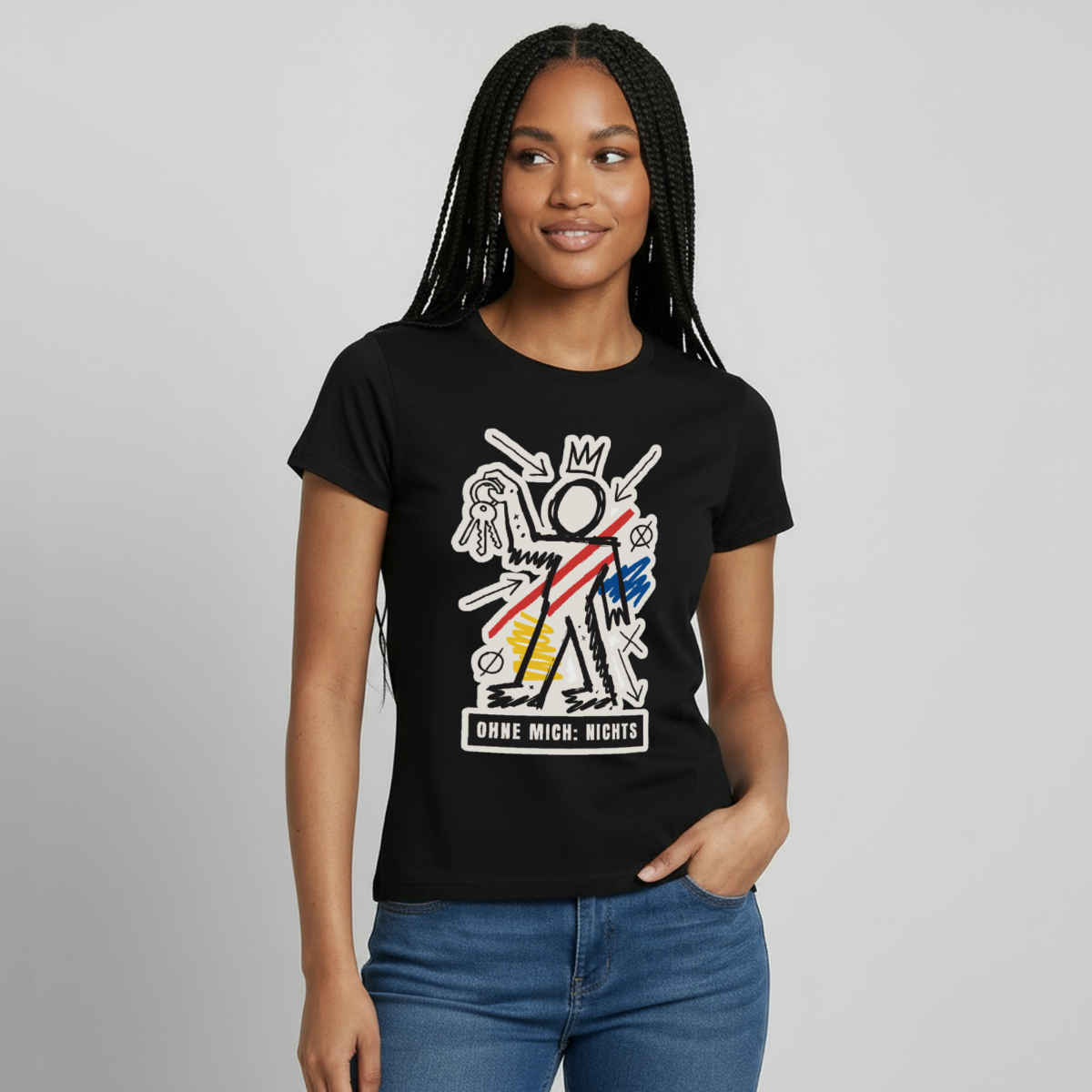 "Ohne mich: nichts. Neo-Expressionismus-Motiv" Motiv-T-Shirt für Frauen, Farbe Schwarz, Model