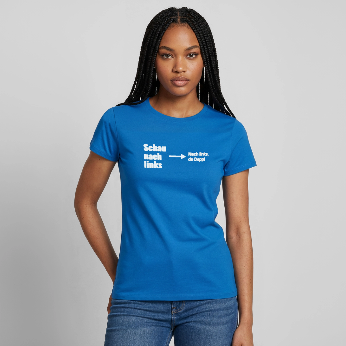 Schau nach links. Motiv-T-Shirt für Frauen, Farbe Royalblau, Model