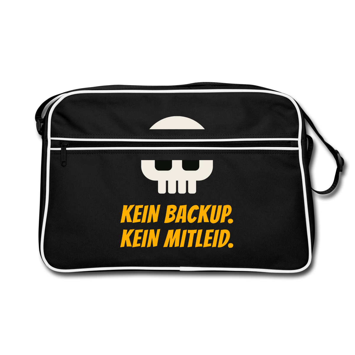 "Kein Backup. Kein Mitleid." Motiv-Retro-Tasche, Farbe Schwarz/Weiß