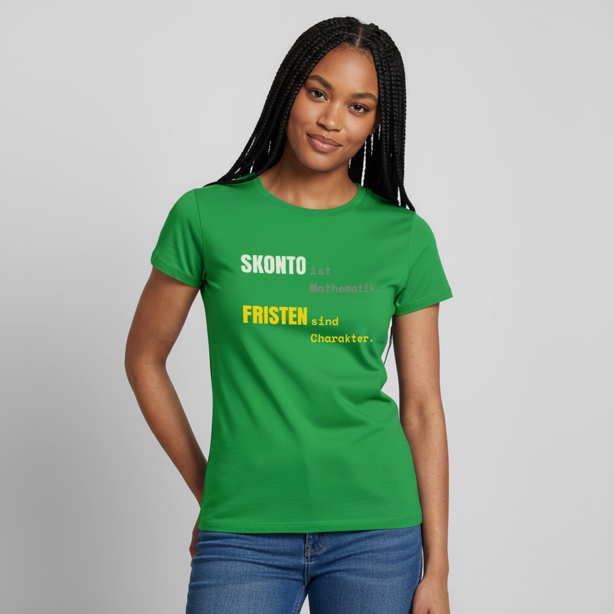 "Skonto ist Mathematik. Fristen sind Charakter." Motiv-T-Shirt für Frauen, Farbe Kelly Green