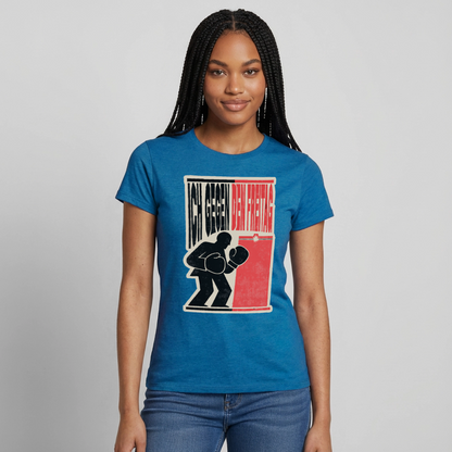 "Ich gegen den Freitag. Boxplakat-Motiv" Motiv-T-Shirt für Frauen, Farbe Antikblaues Saphir meliert