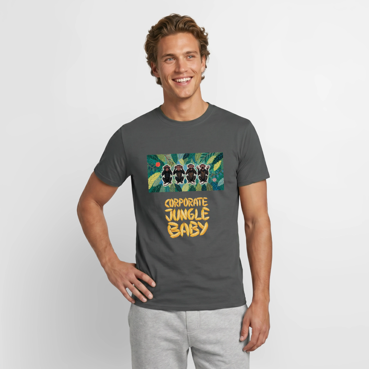 Corporate Jungle, Baby! Motiv-T-Shirt für Männer, Farbe Anthrazit, Model