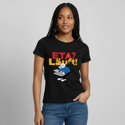 "ETA? Läuft! Strichfiguren-Motiv" Motiv-T-Shirt für Frauen, Farbe Schwarz
