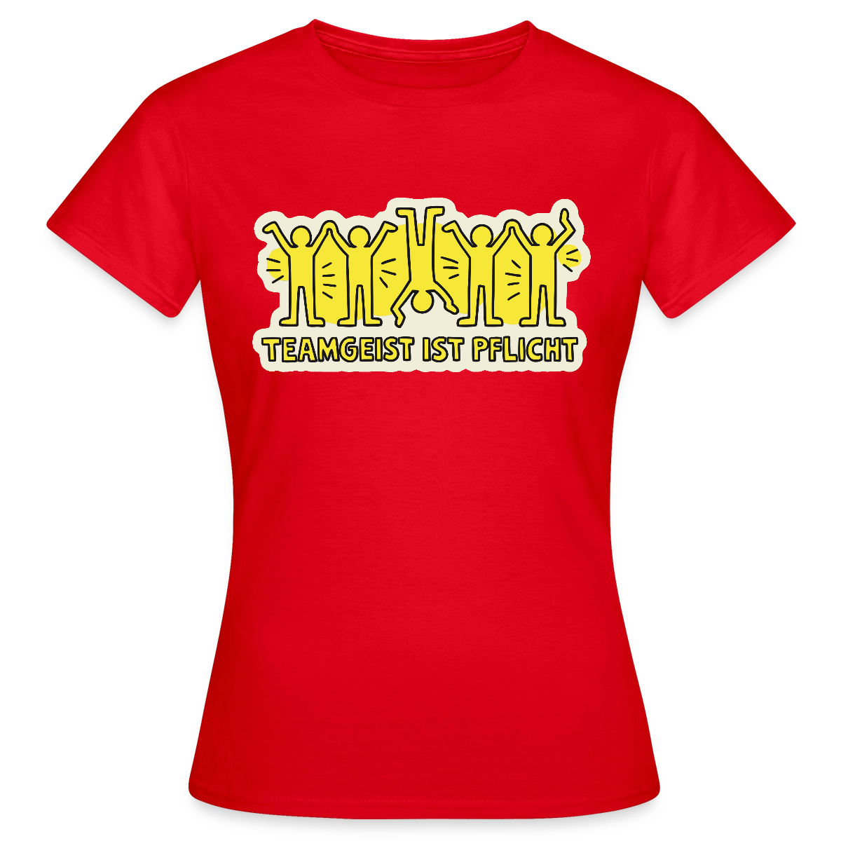 Teamgeist ist Pflicht. Pop-Art-Motiv Motiv-T-Shirt für Frauen, Farbe Rot