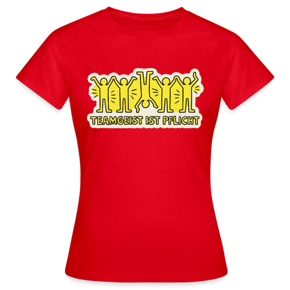 Teamgeist ist Pflicht. Pop-Art-Motiv Motiv-T-Shirt für Frauen, Farbe Rot