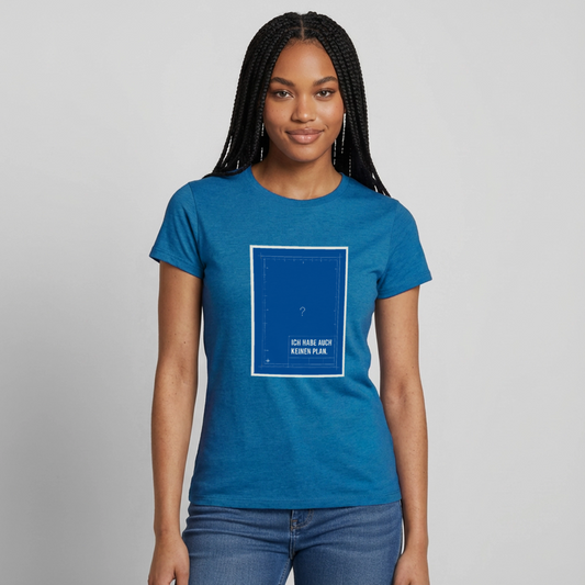 Ich habe auch keinen Plan. Motiv-T-Shirt für Frauen, Farbe Antikblaues Saphir meliert, Model