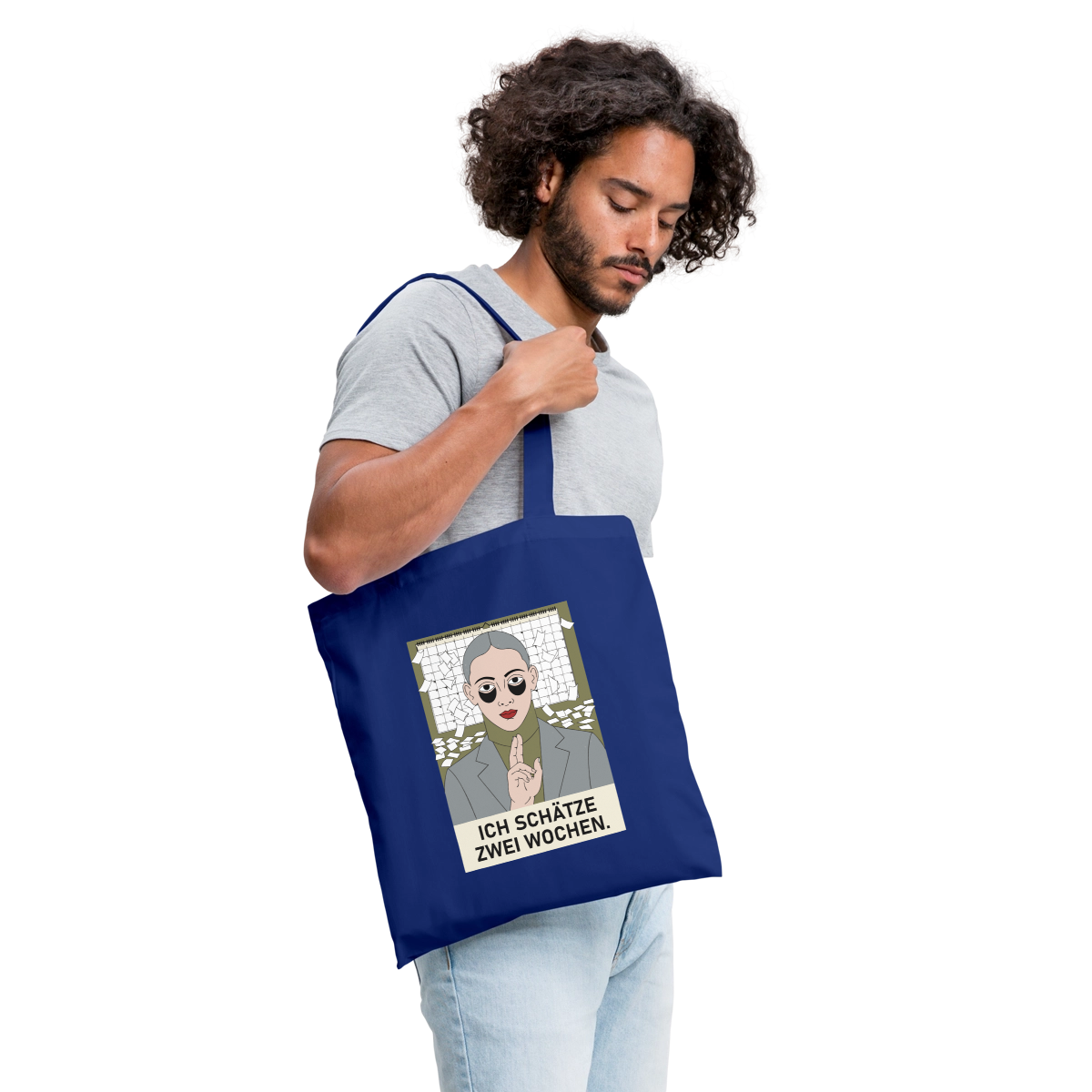 Ich schätze zwei Wochen. Porträt-Motiv Stoffbeutel, Farbe Royalblau, Model