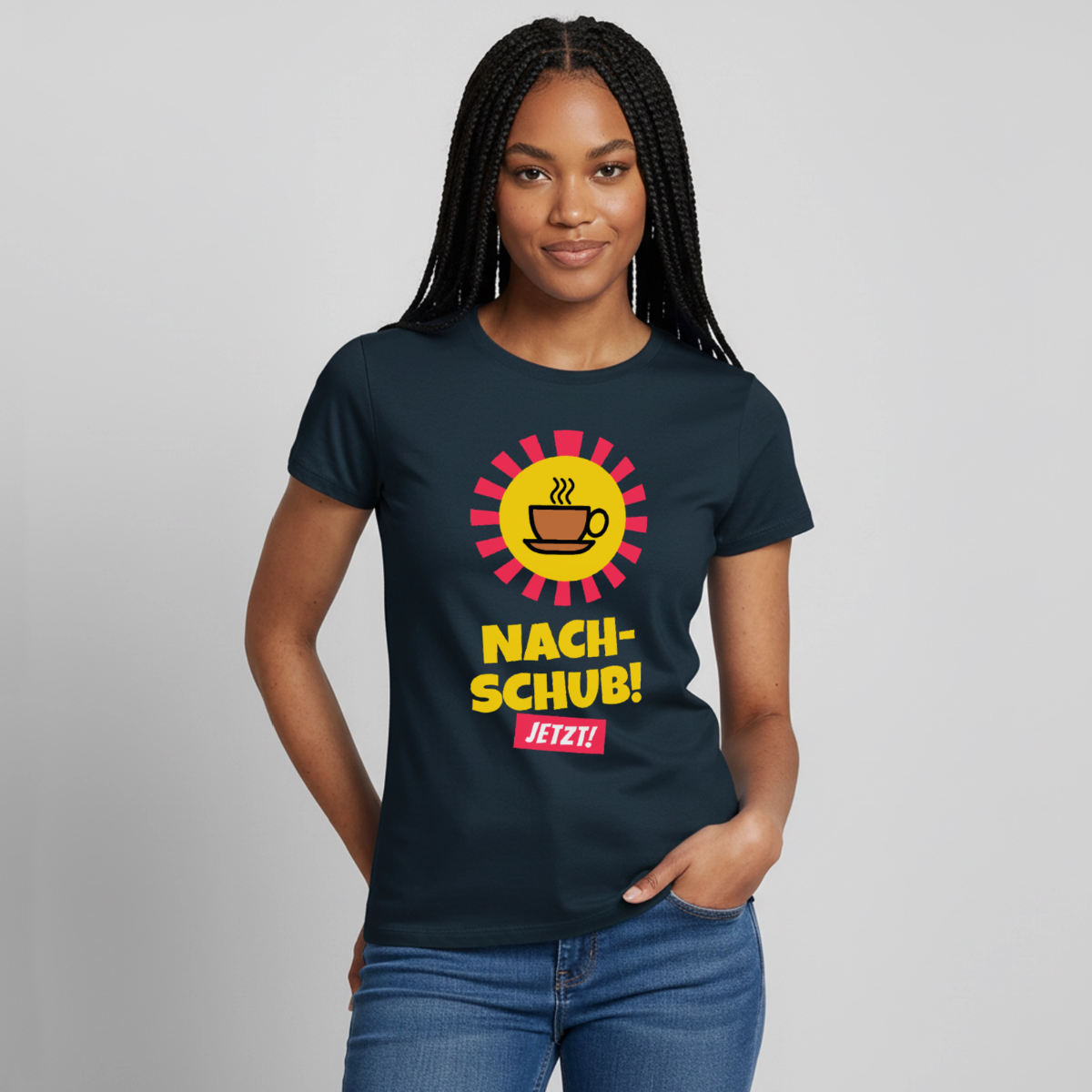 "Nachschub! Jetzt!" Motiv-T-Shirt für Frauen, Farbe Navy