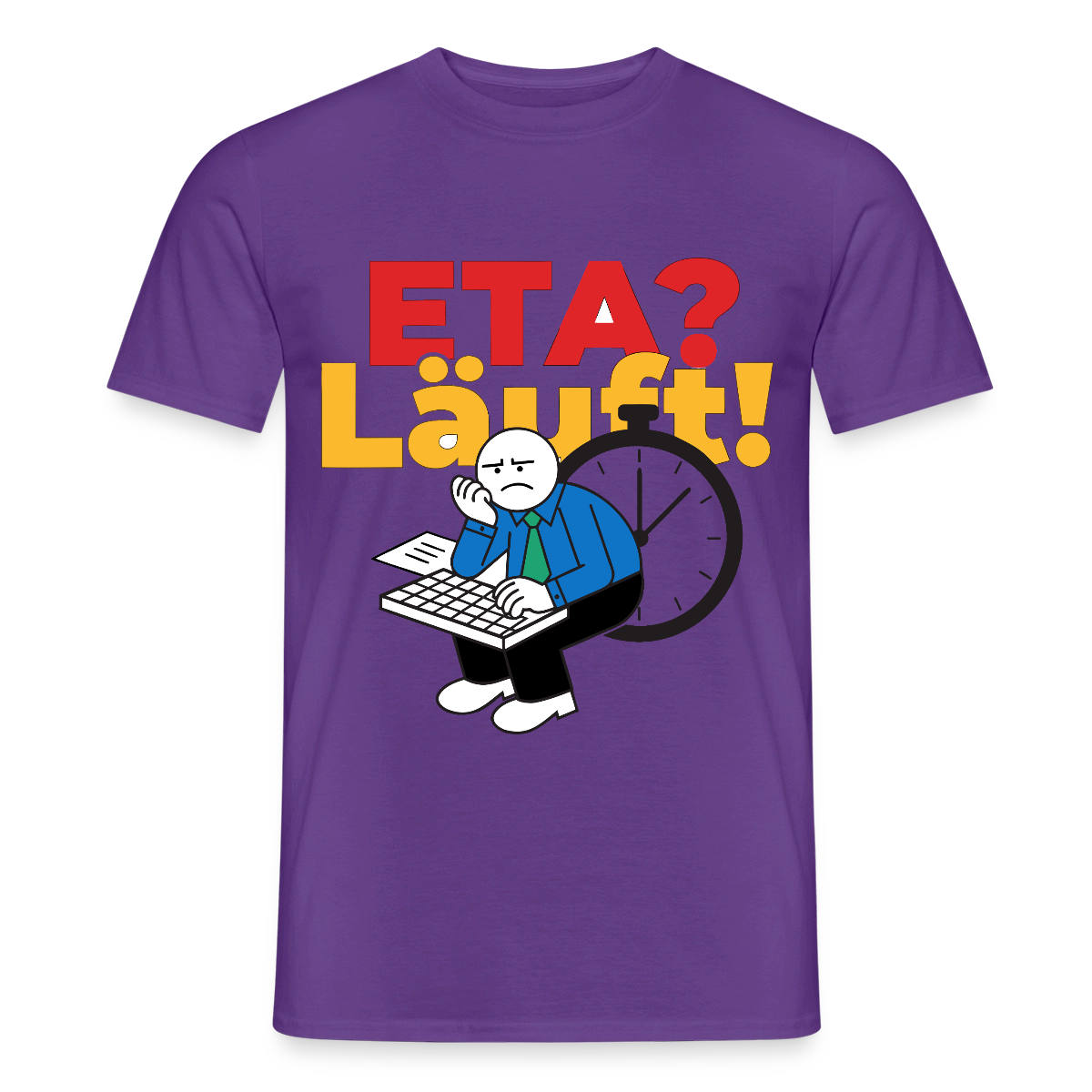"ETA? Läuft! Strichfiguren-Motiv" Motiv-T-Shirt für Männer, Farbe Lila