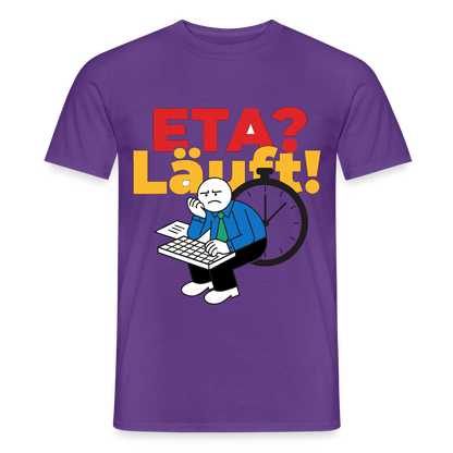 "ETA? Läuft! Strichfiguren-Motiv" Motiv-T-Shirt für Männer, Farbe Lila