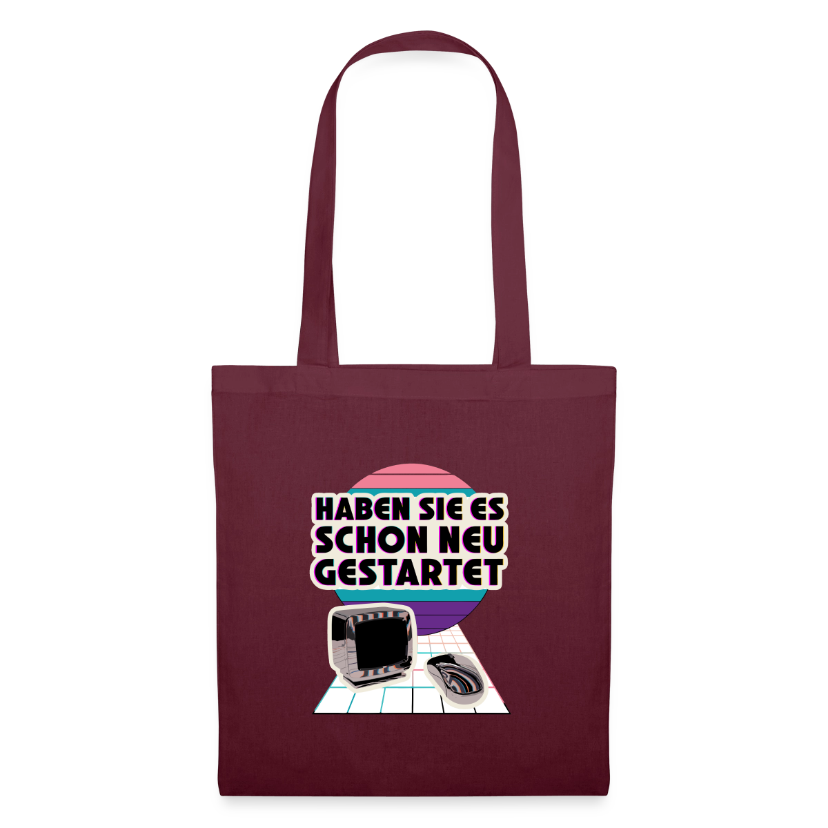 Haben Sie es schon neu gestartet? Vaporwave-Motiv Stoffbeutel, Farbe Burgunderrot