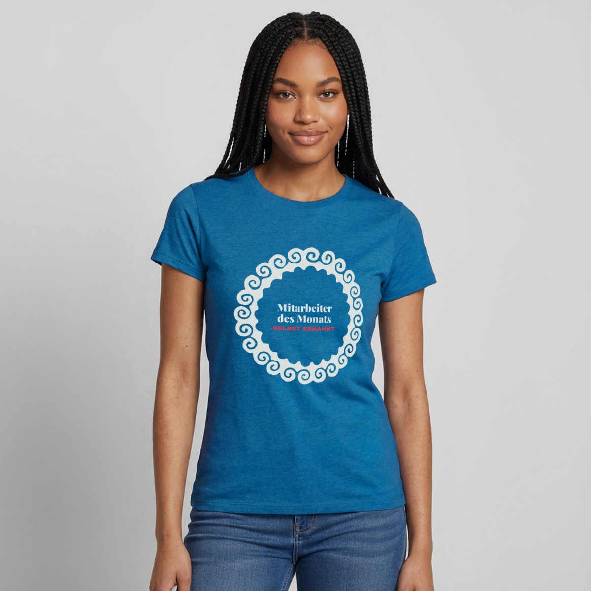 "Mitarbeiter des Monats, selbst ernannt." Motiv-T-Shirt für Frauen, Farbe Antikblaues Saphir meliert