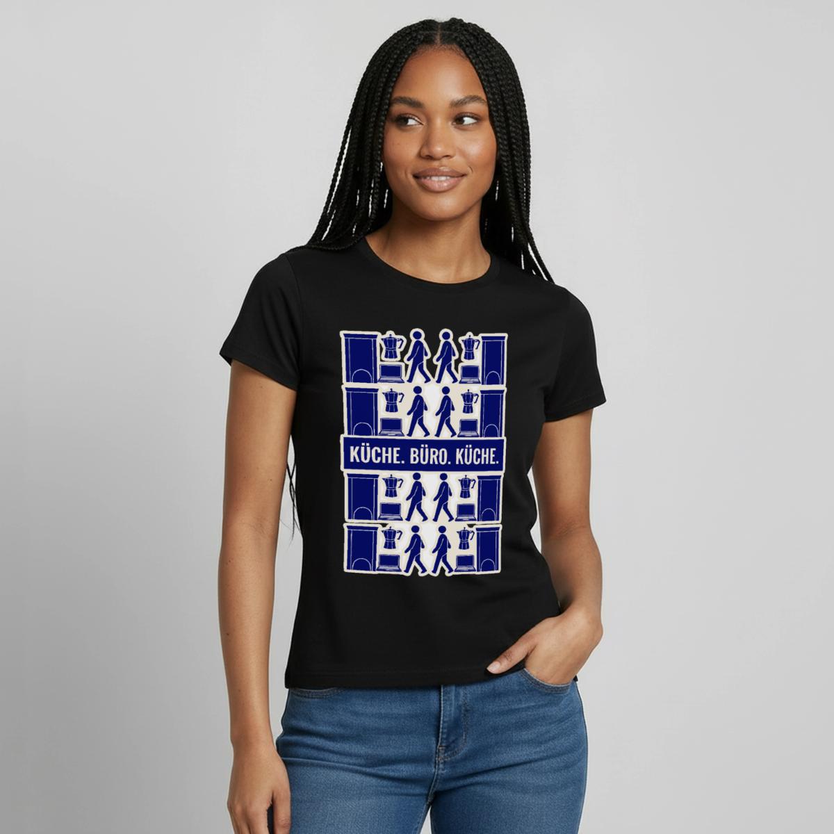 "Küche. Büro. Küche." Motiv-T-Shirt für Frauen, Farbe Schwarz, Model