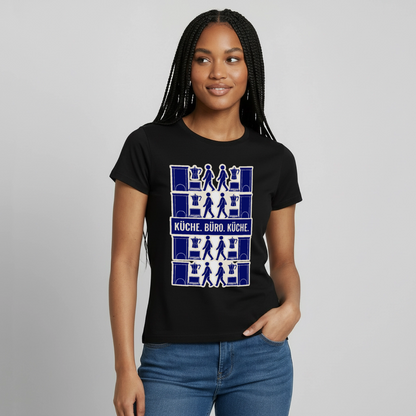 "Küche. Büro. Küche." Motiv-T-Shirt für Frauen, Farbe Schwarz, Model