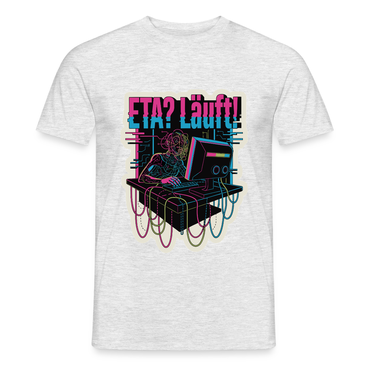 "ETA? Läuft! Cyberpunk-Motiv" Motiv-T-Shirt für Männer, Farbe Grau meliert