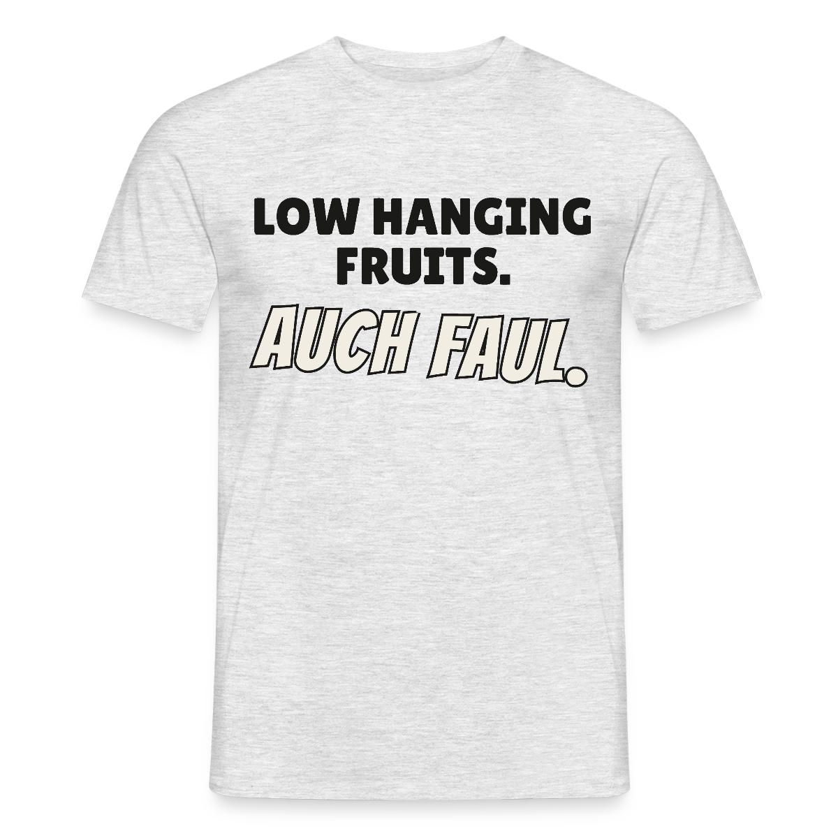 Low hanging fruits. Auch faul. Motiv-T-Shirt für Männer, Farbe Grau meliert, Model