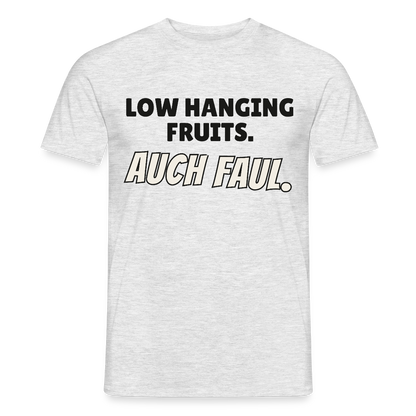 Low hanging fruits. Auch faul. Motiv-T-Shirt für Männer, Farbe Grau meliert, Model